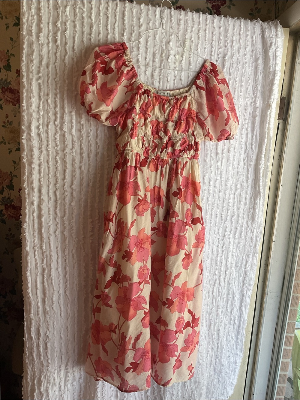 HAYDEN LOS ANGELES FLORAL SMOKED SQUARE NECK DRESS SZ.S. VIBRANT PINK&RED MIDI